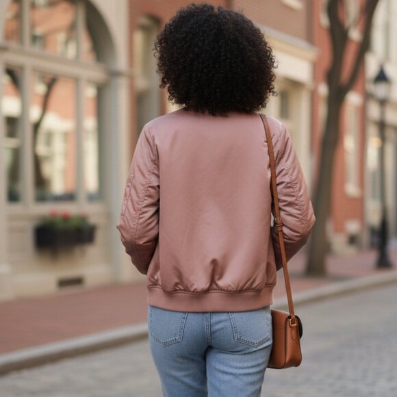 Chic Rose Pink Satin Bomber Jacket - Picture 3 of 3